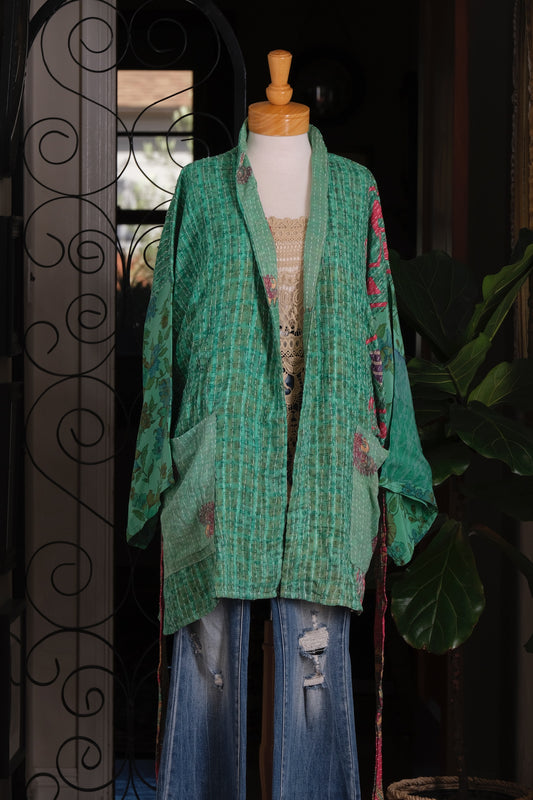 Silk Sleeve Kantha Jacket in Lagoon Jade