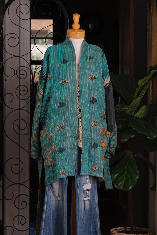 Silk Sleeve Kantha Jacket in Turquoise Arrow