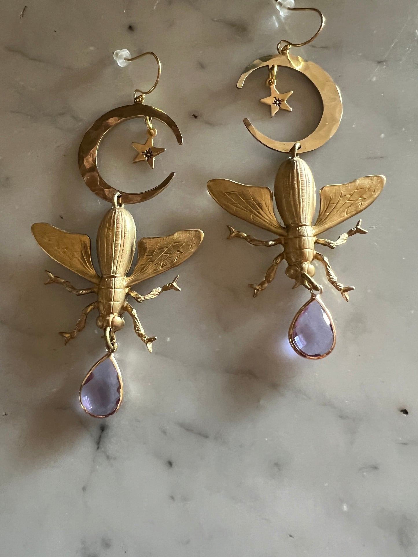 Celestial Moth Earrings with Amethyst Drop