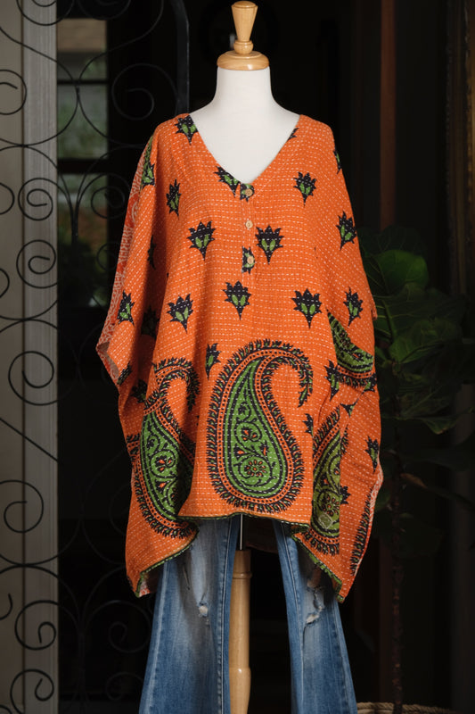 Kantha Button Top in Big Paisley