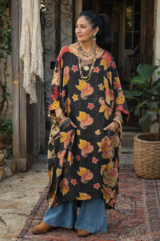 Kantha Pocket Dress in Red Leaf