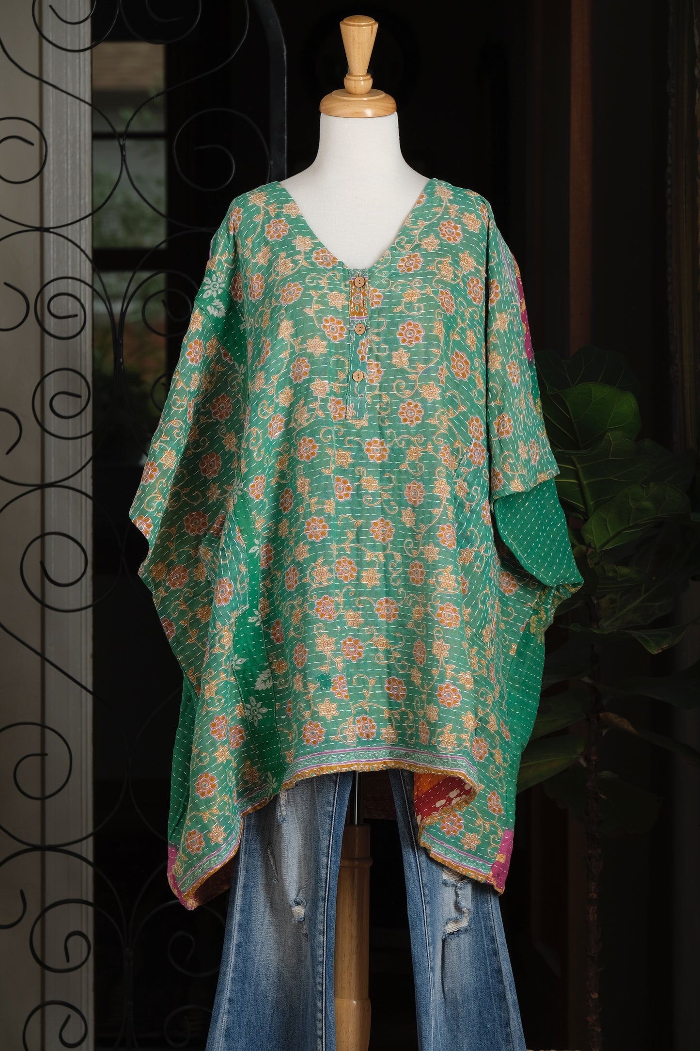 Kantha Button Top in Little Golden Flower
