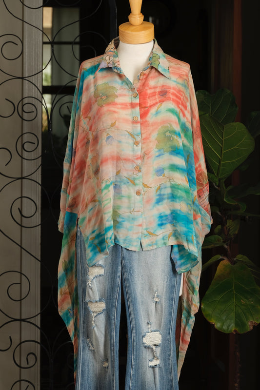 Dylan Silk Shirt in Aqua Apricot