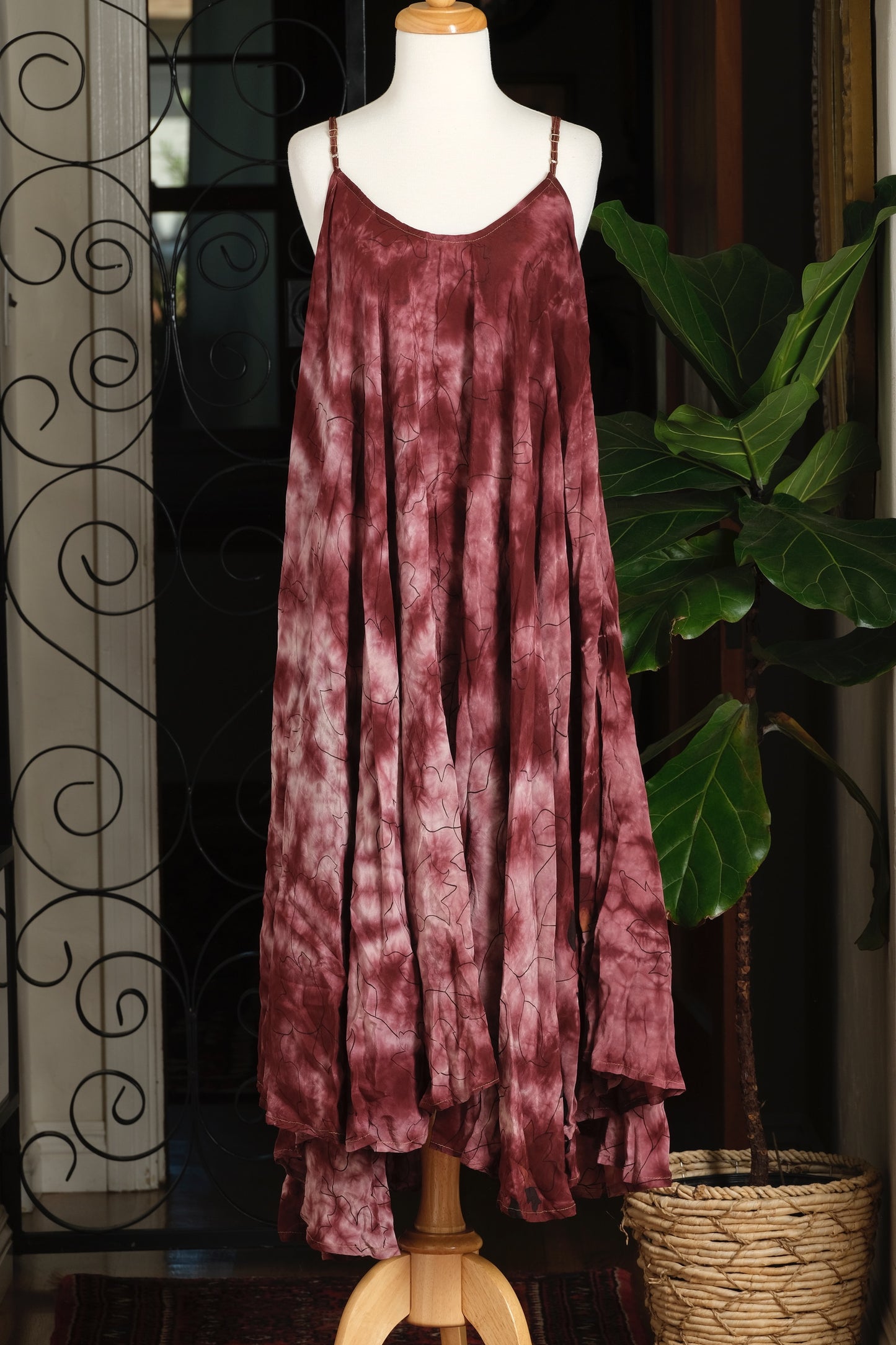Kantha Slip Dress in Merlot Leaf