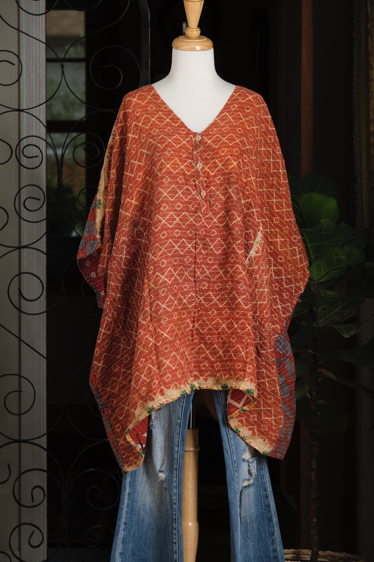 Kantha Button Top in Rust Diamond
