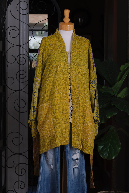 Silk Sleeve Kantha Jacket in Chartreuse Lavender