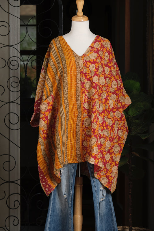Kantha Button Top in Gold Stripe Garden