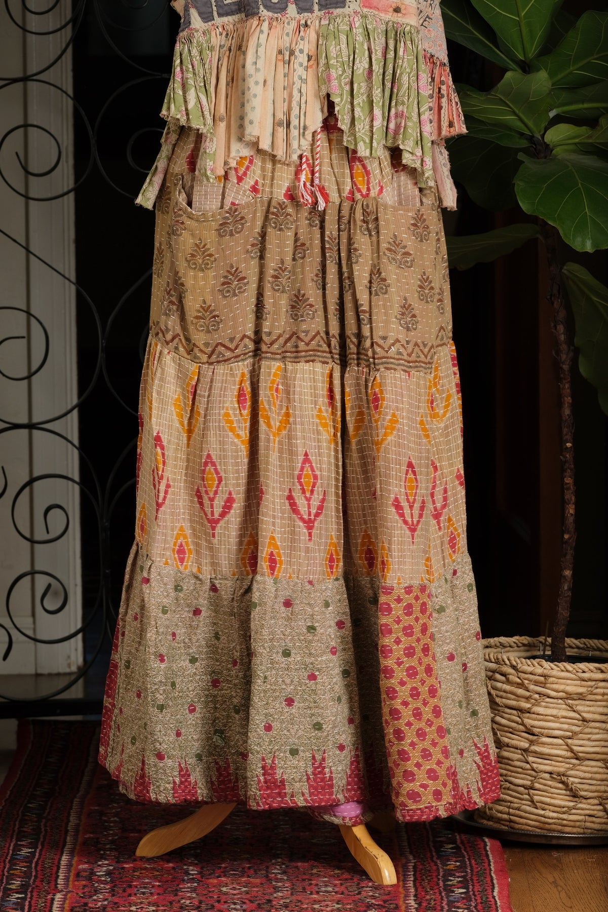 Kantha Pocket Skirt in Flame Flower
