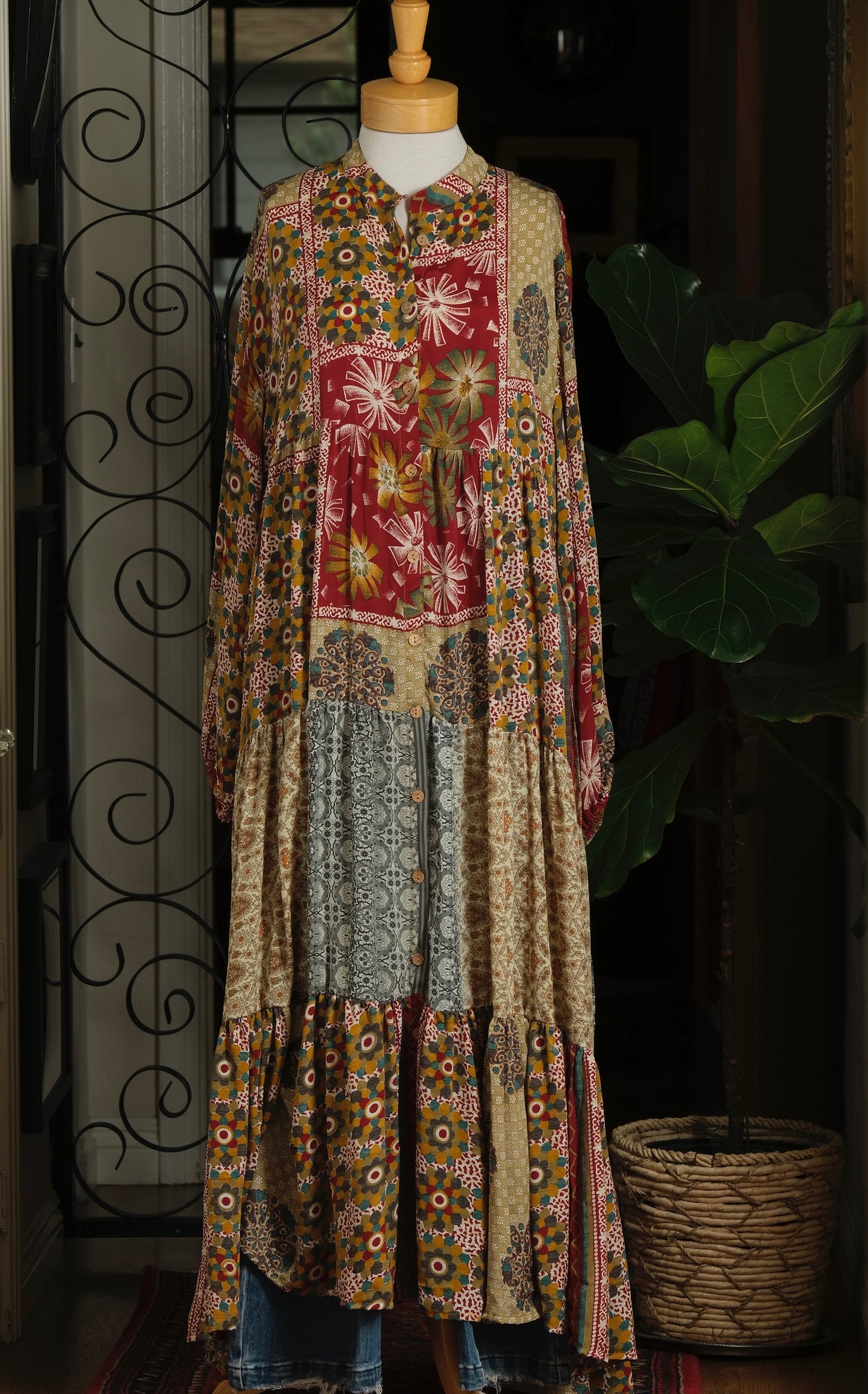 Silk Majestic Duster Dress in Abstract Garden