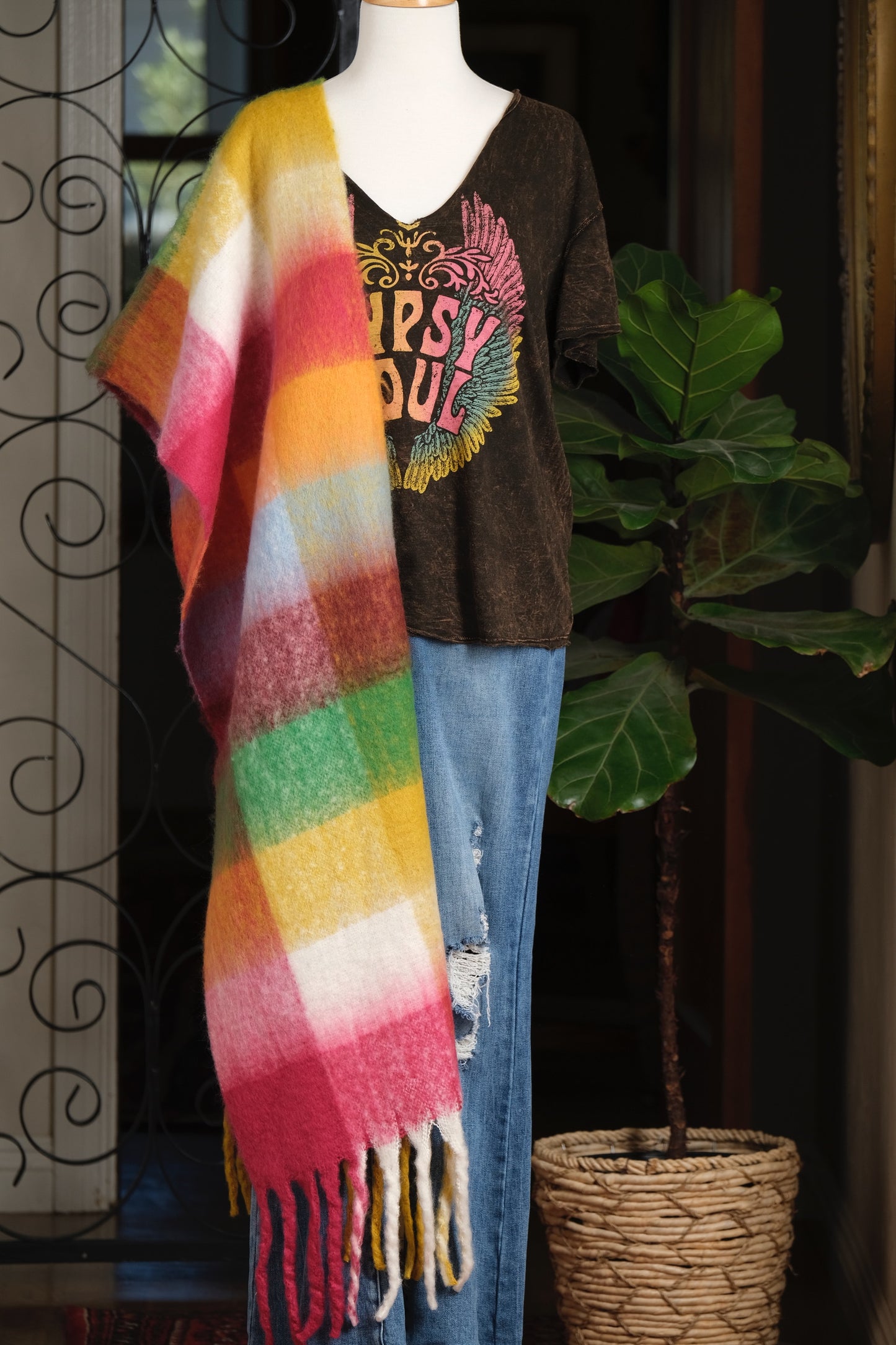 Cozy Fringe Shawl in Green Plaid