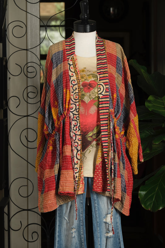 Drawstring Kantha Jacket in Blue Plaid