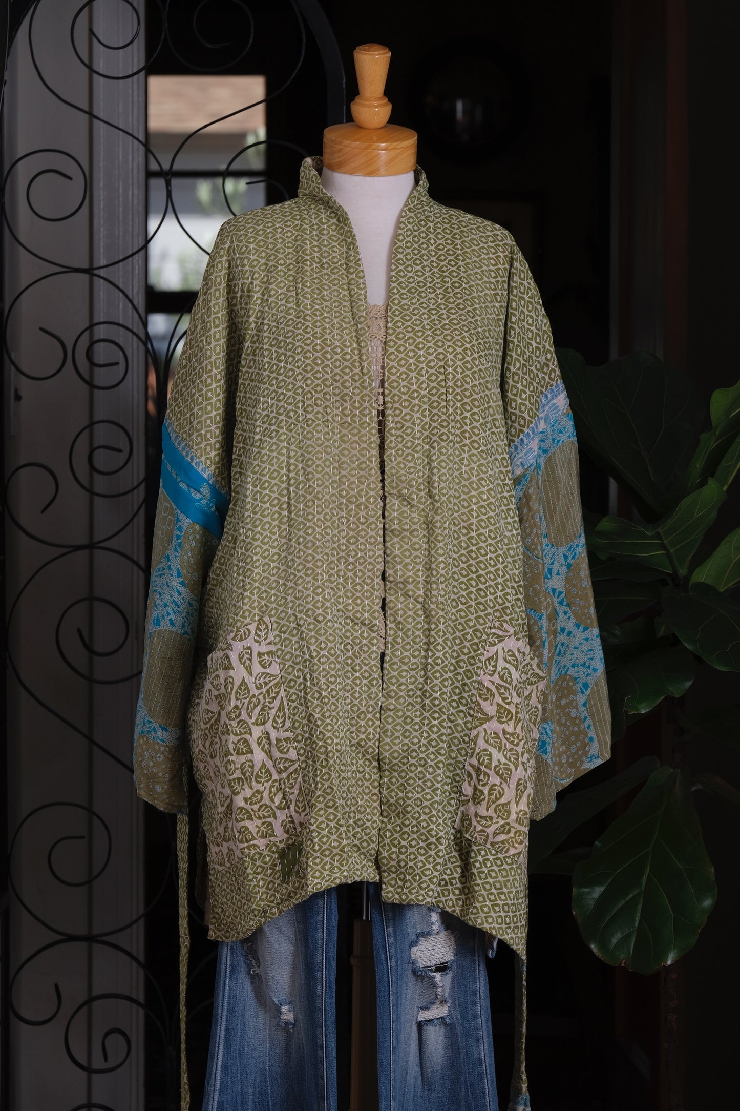 Silk Sleeve Kantha Jacket in Jade Bloom