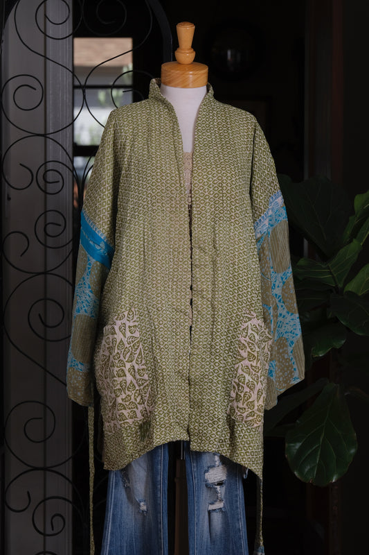 Silk Sleeve Kantha Jacket in Jade Bloom