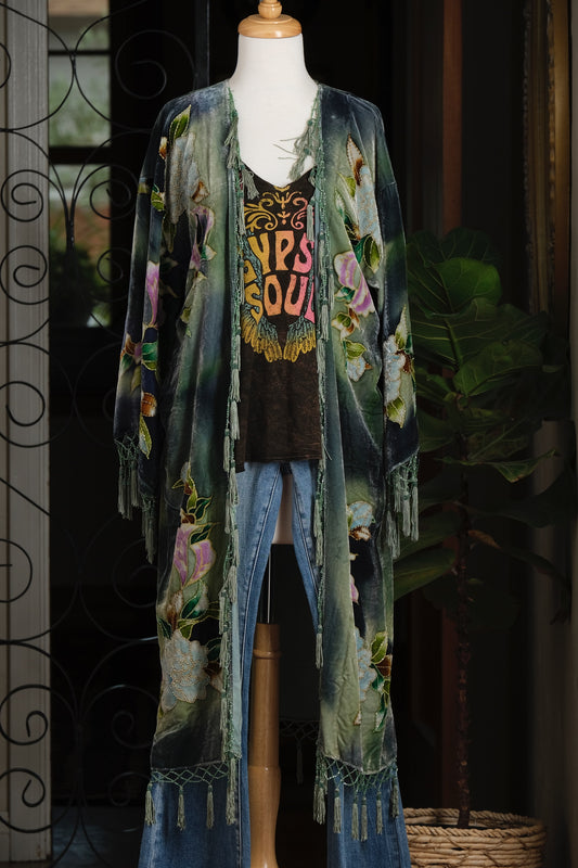Velvet Duster in Jade Roses