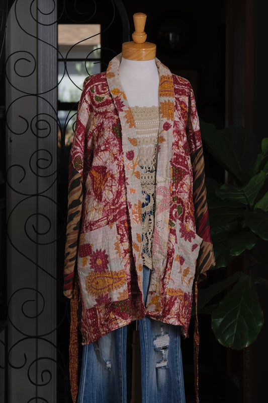 Silk Sleeve Kantha Jacket in Mosaic Rose Garden