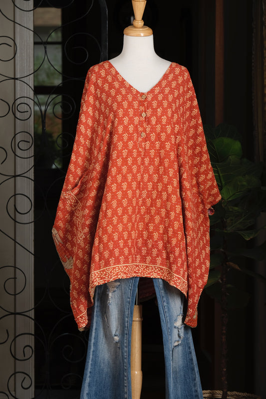 Kantha Button Top in Little Rust Flower