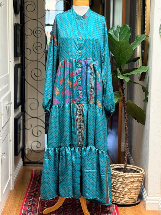 Silk Majestic Duster Dress in Teal Leaf