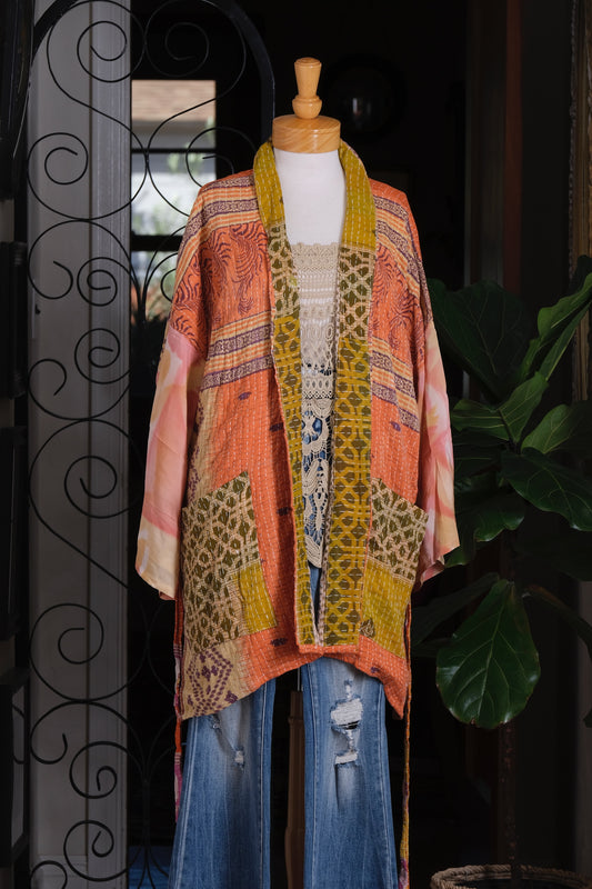 Silk Sleeve Kantha Jacket in Tangerine Dream