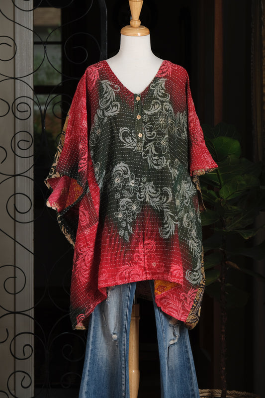Kantha Button Top in Blue Flourish