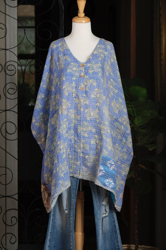 Kantha Button Top in Fan Flower