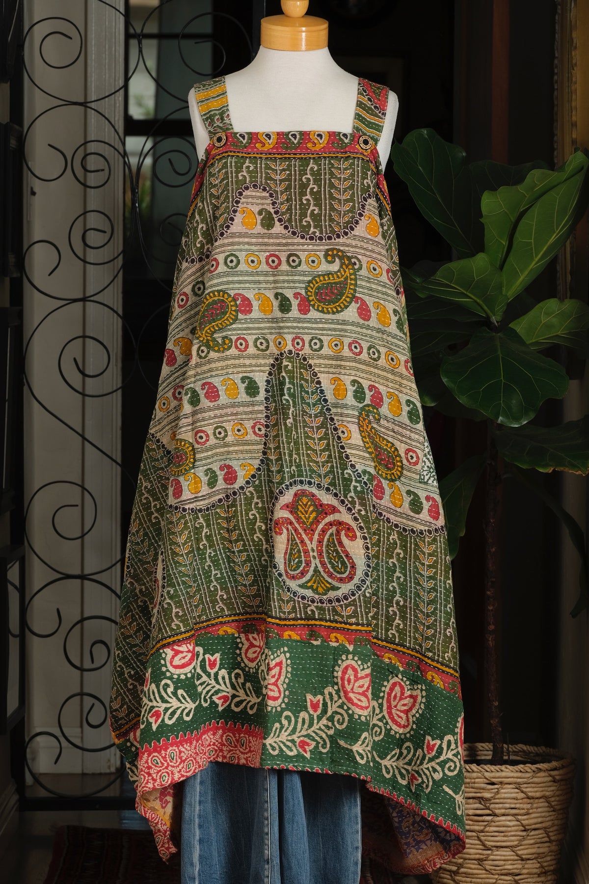 Button Kantha Maxi Dress in Green Paisley