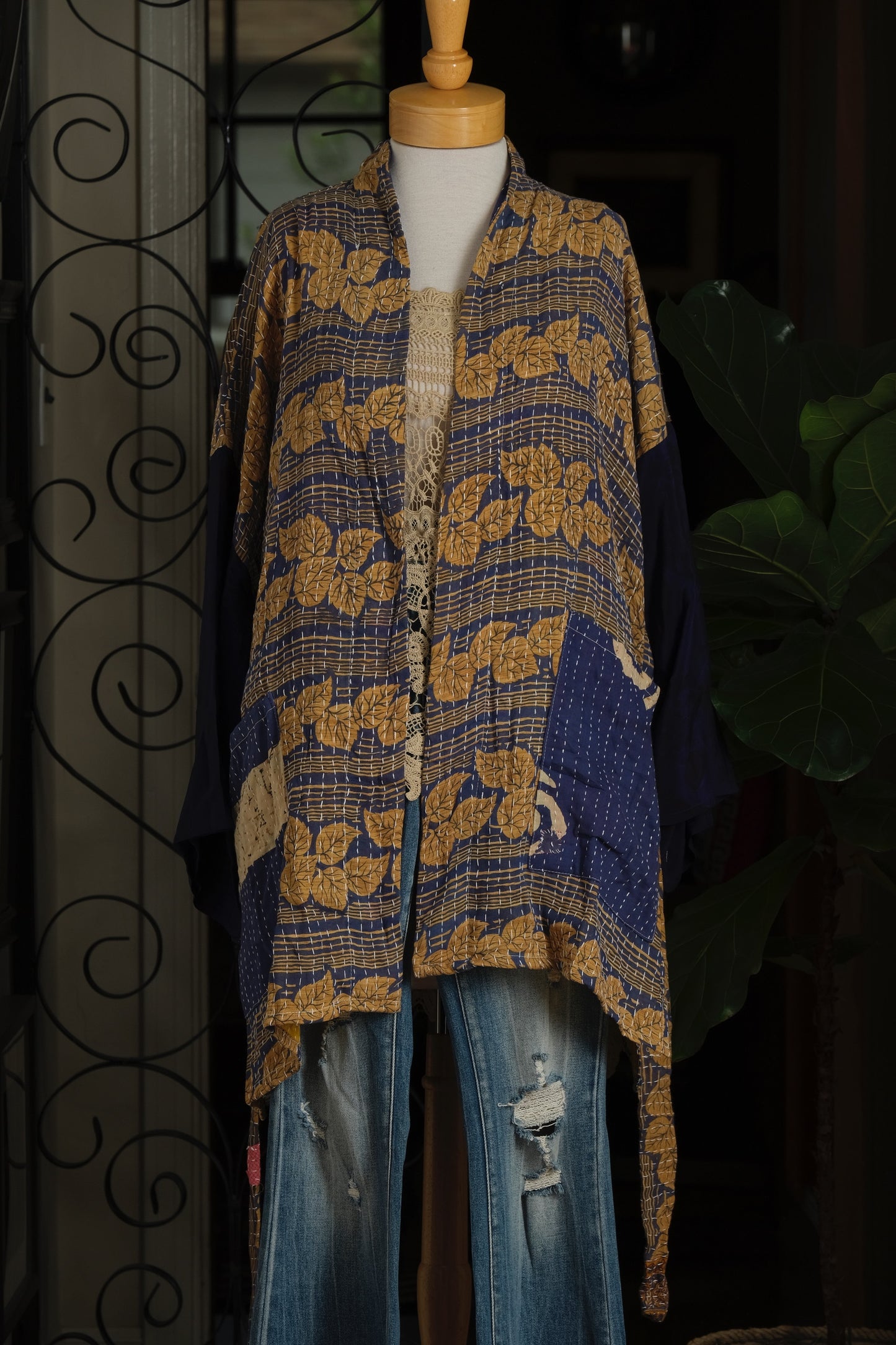 Silk Sleeve Kantha Jacket in Golden Leaf