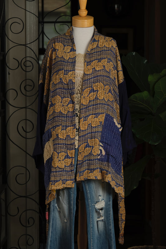 Silk Sleeve Kantha Jacket in Golden Leaf