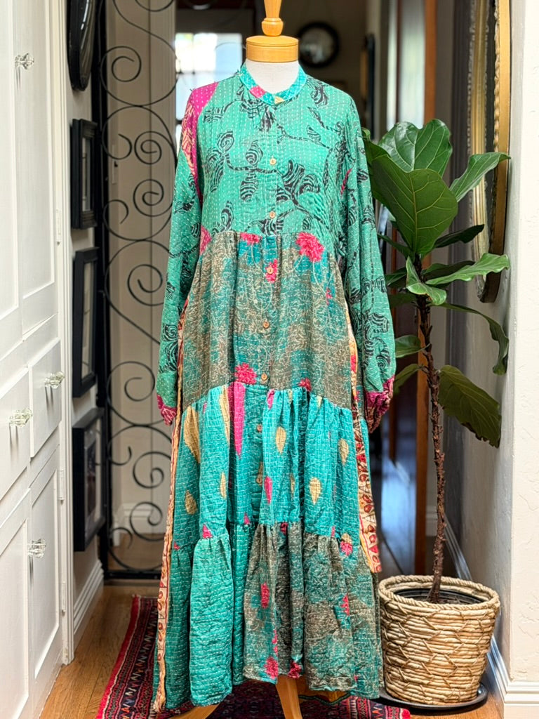 Kantha Majestic Duster Dress in Green Garden