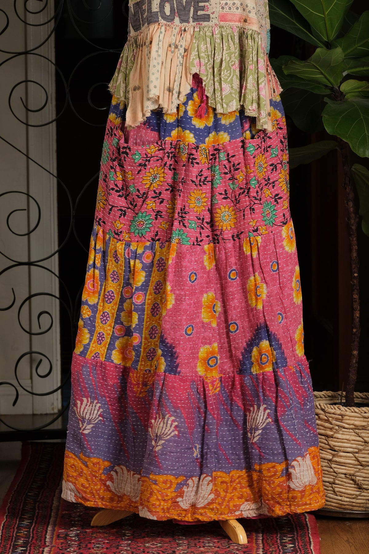 Kantha Pocket Skirt in Pink Lotus