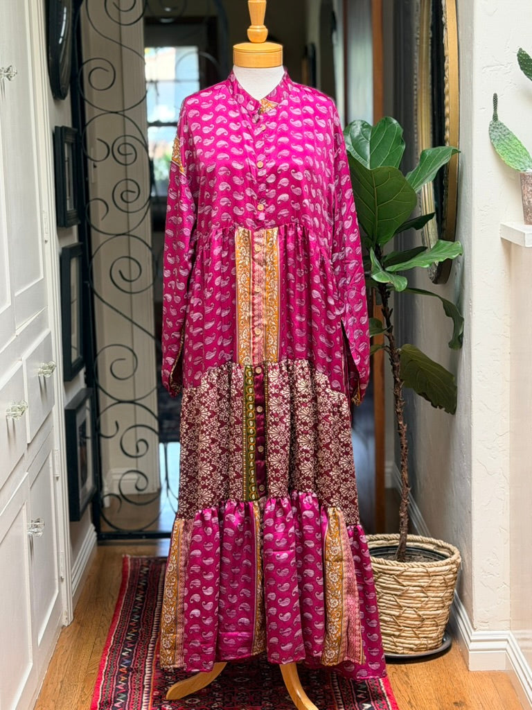Silk Majestic Duster Dress in Fuchsia Paisley