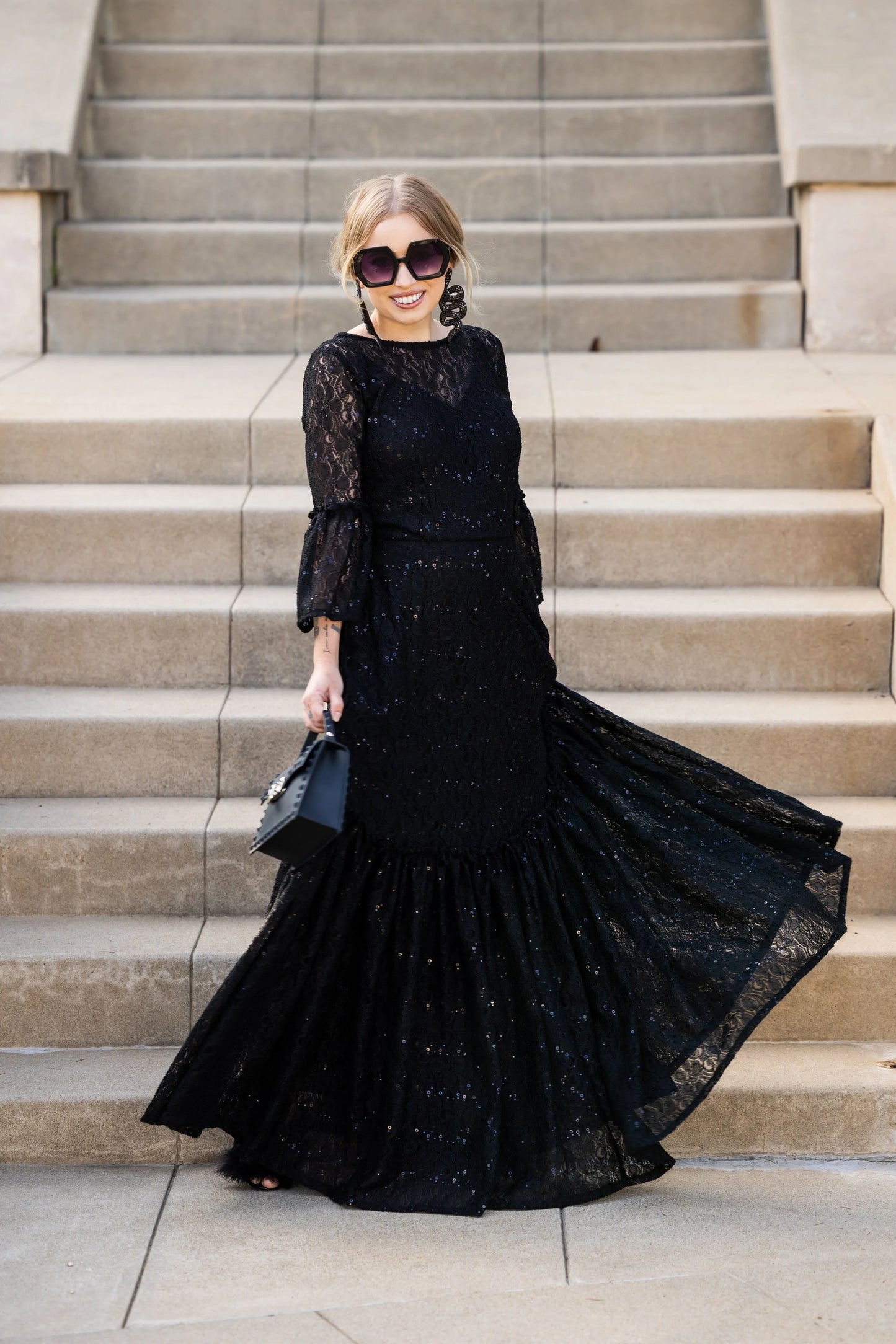 Black Sequin Lace Ruffle Dress by Jennafer Grace