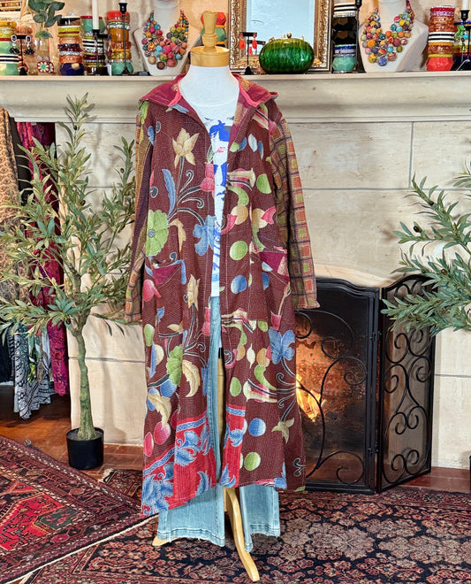 Cozy Kantha Hoodie Coat in Earthy Flowers