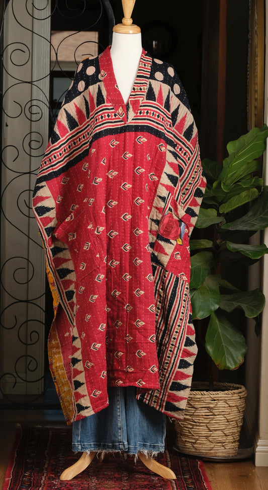 Cozy Kantha Caftan in Red Rose Pocket