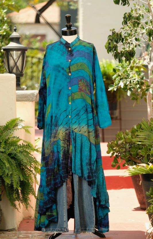 Lotus Duster Dress in Turquoise Chartreuse Stripe