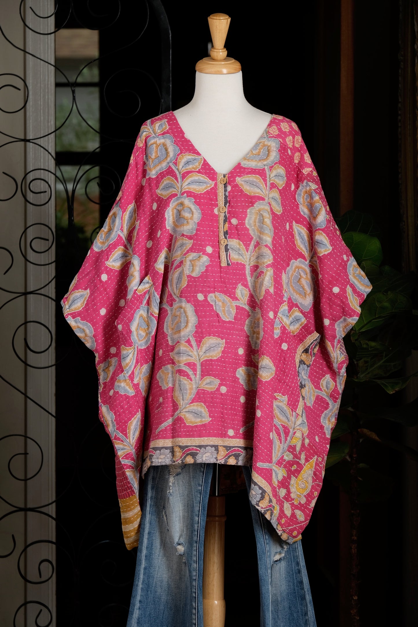 Kantha Button Top in Blue Rose