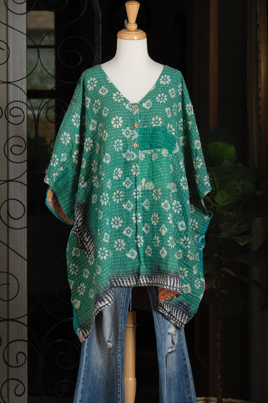 Kantha Button Top in Turquoise Flower