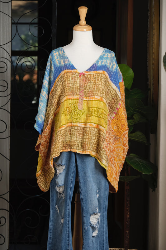 Kantha Button Top in Mr. Blue Sky