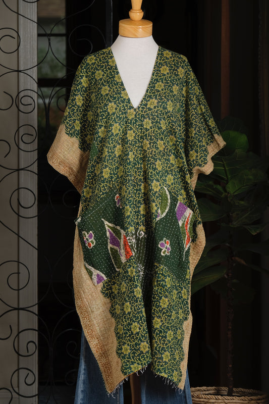 Kantha Split Tunic in Green Garden