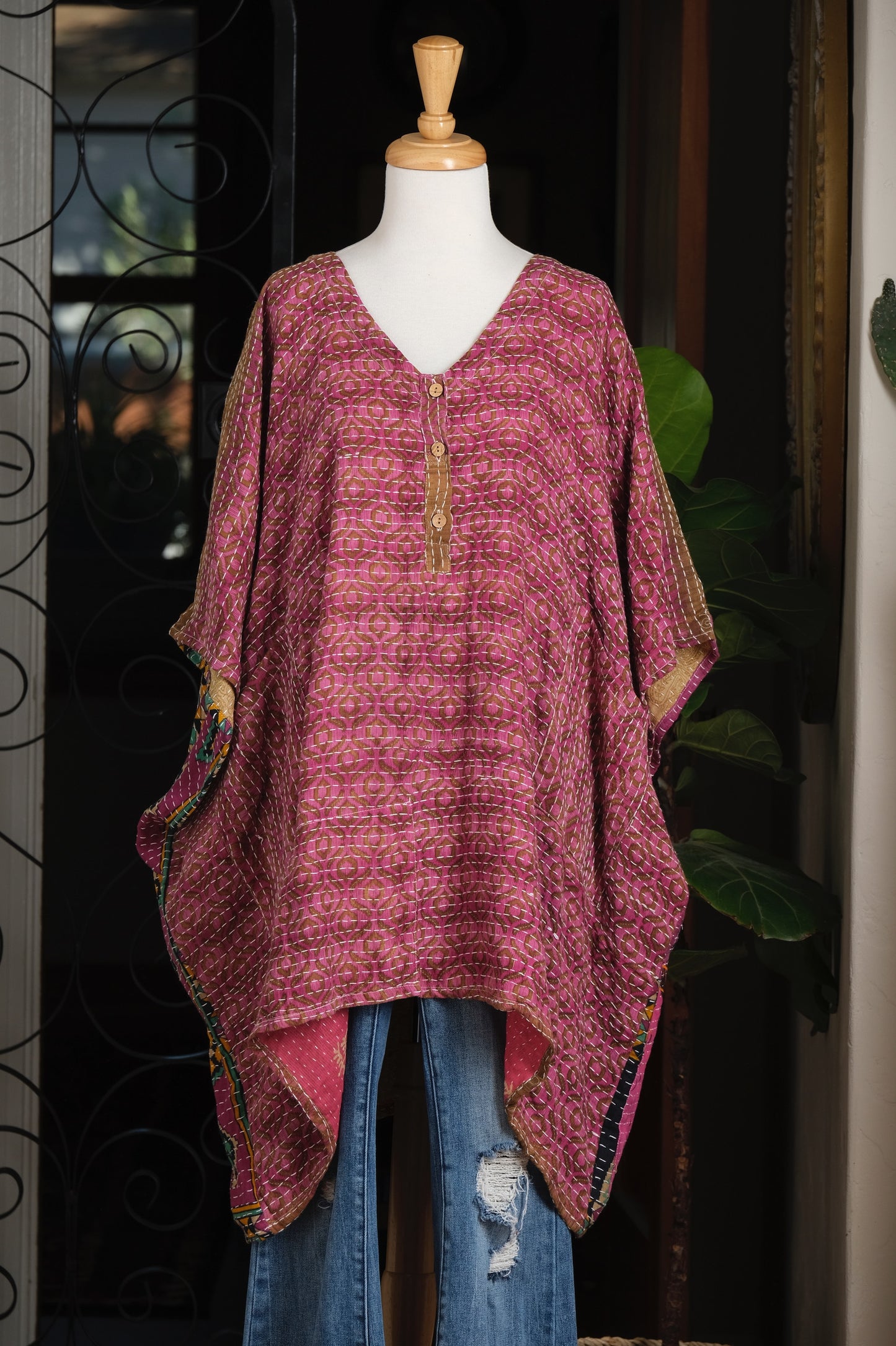 Kantha Button Top in Raspberry Party