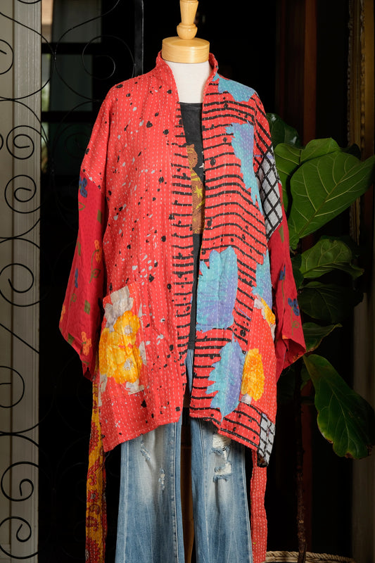 Silk Sleeve Kantha Jacket in Turquoise Lotus
