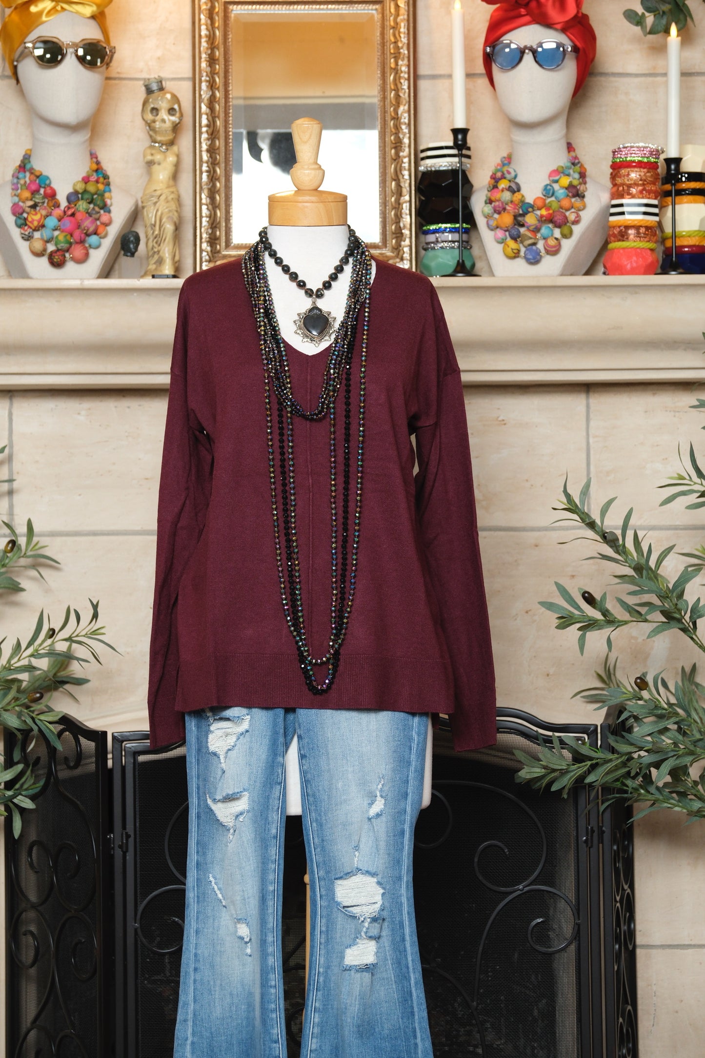 V Neck Sweater in Merlot