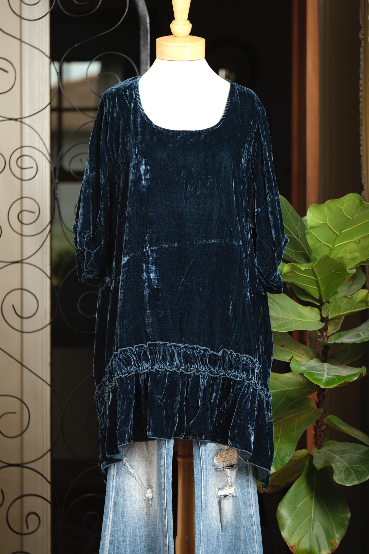 Velvet Ruffle Tunic in Deep Blue