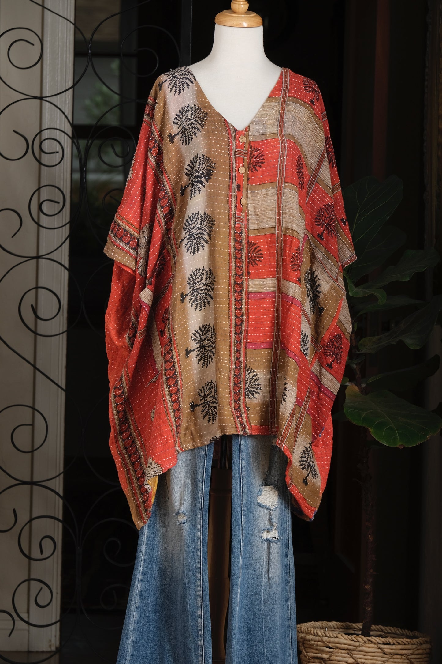 Kantha Button Top in Black Tree