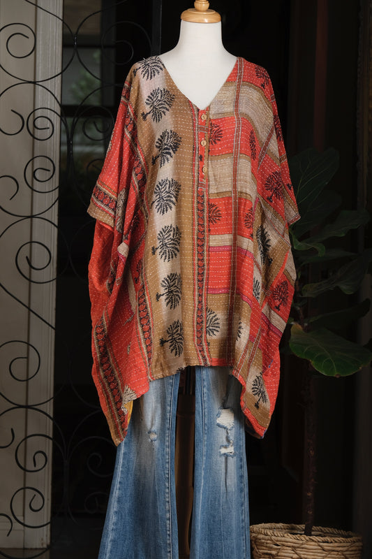 Kantha Button Top in Black Tree