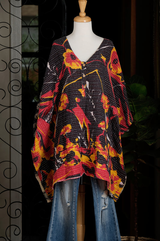 Kantha Button Top in Poppy