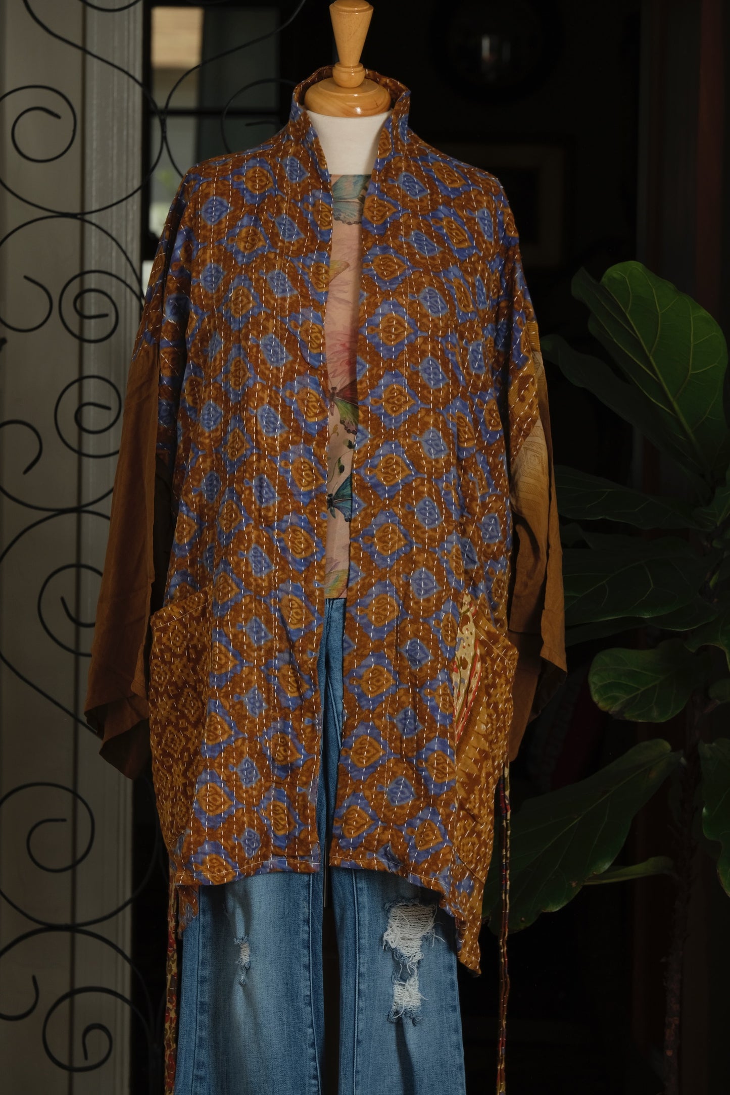 Silk Sleeve Kantha Jacket in Honey Blue