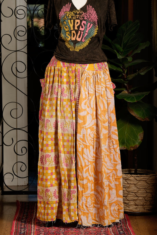 Kantha Maxi Skirt in Check Flower