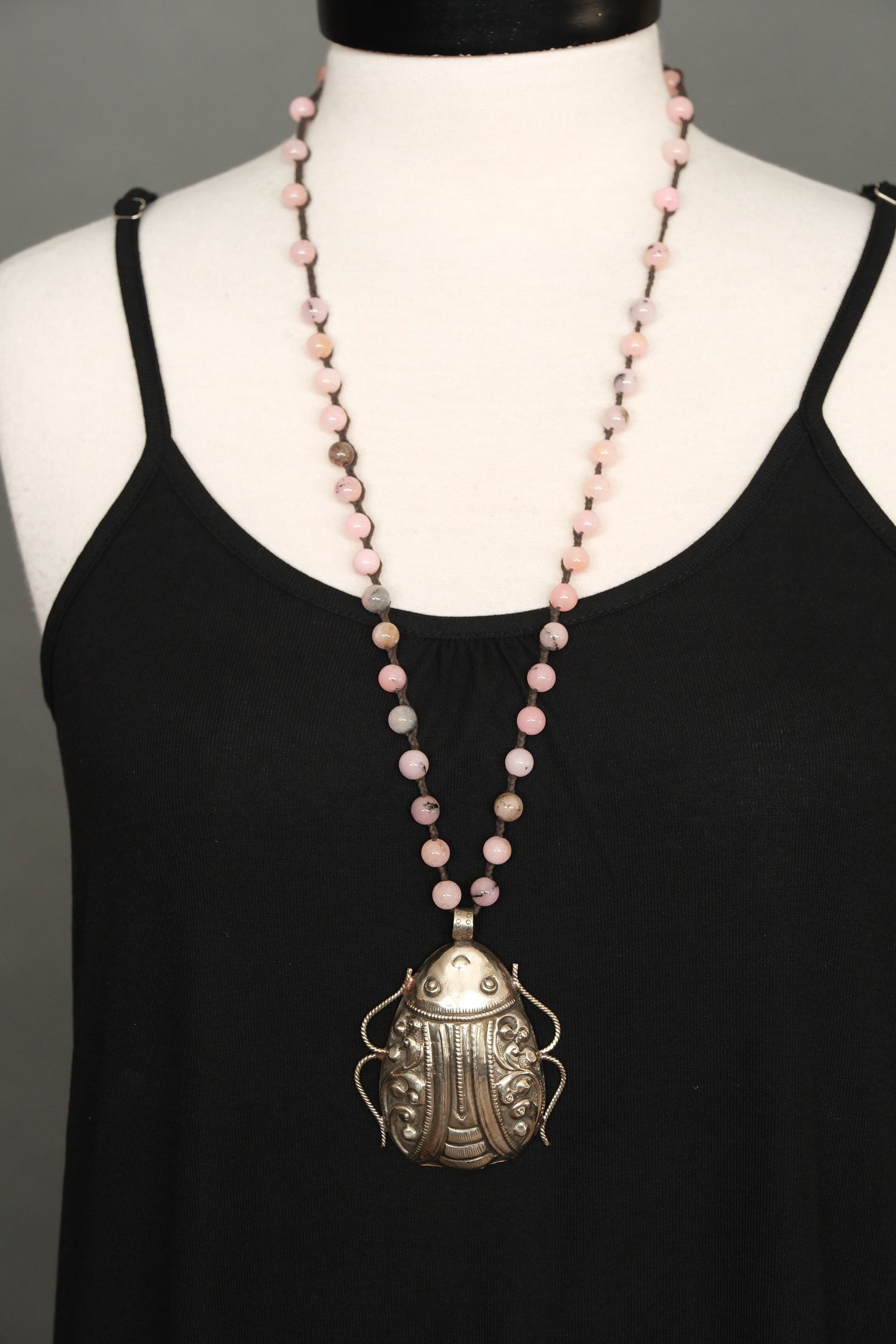 Beetle Pendent Necklace with Pink Opal Beads