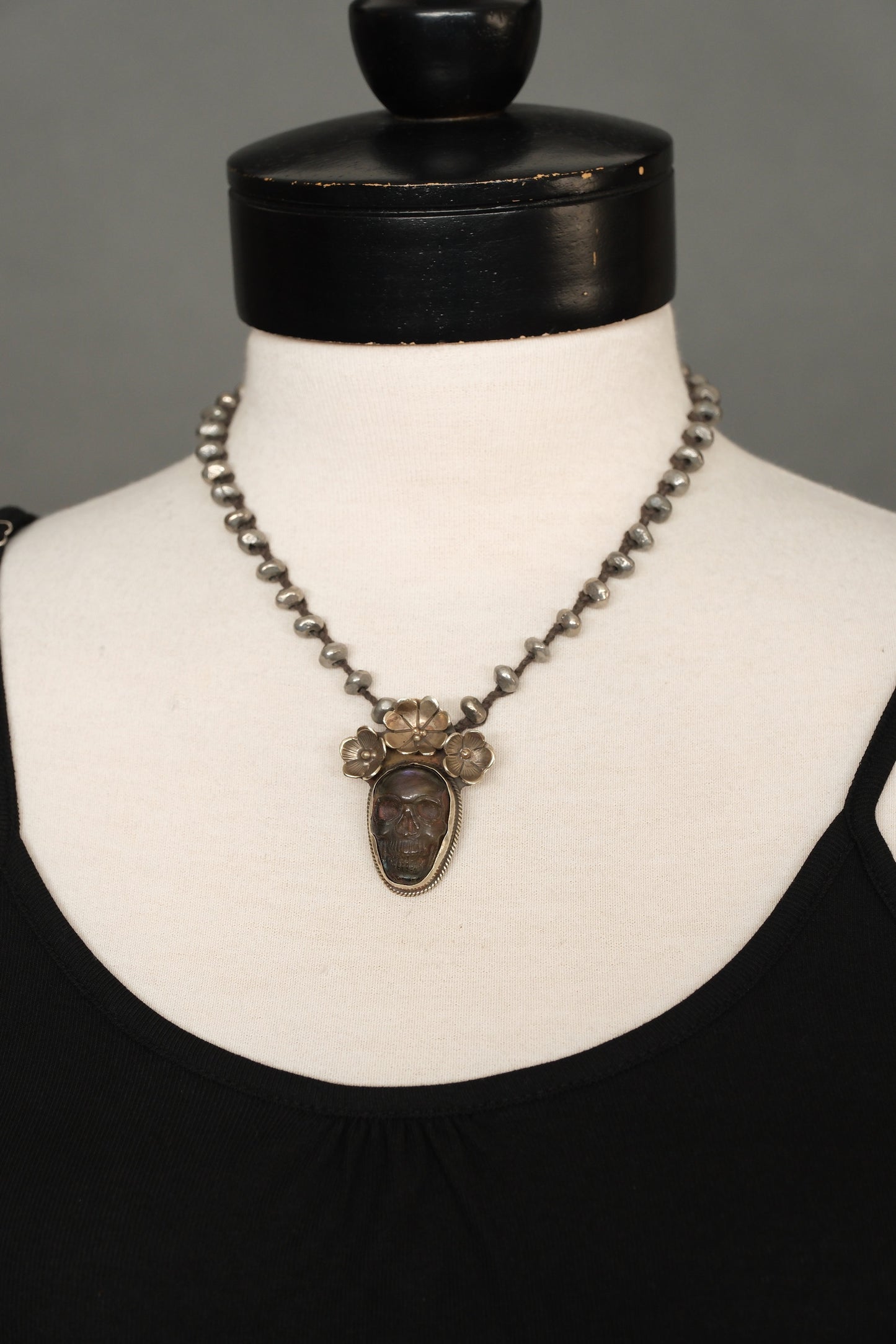 Labradorite Skull with Flowers Pendent Necklace