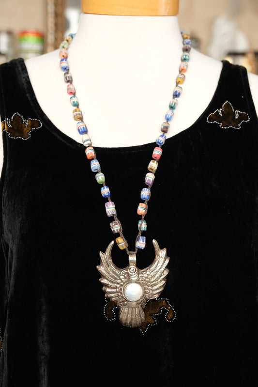 Bejeweled Bird Necklace with African Beads